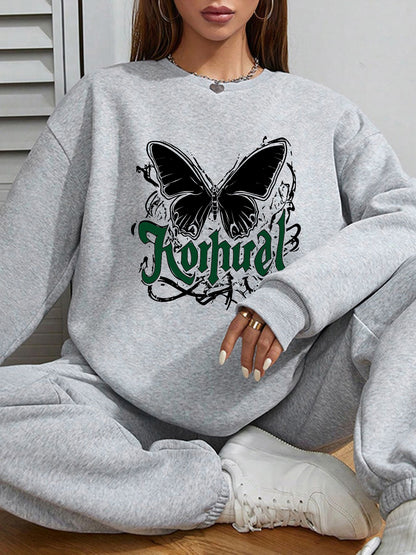 Women Butterfly Crew Neck Long Sleeve Polyester Pullover