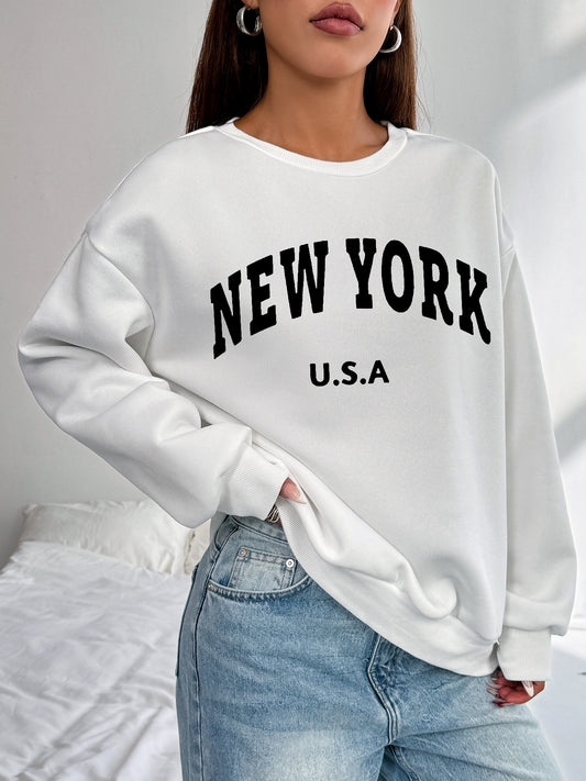 Women New York Printed Casual Crew Neck Polyeste Long Sleeve Pullover