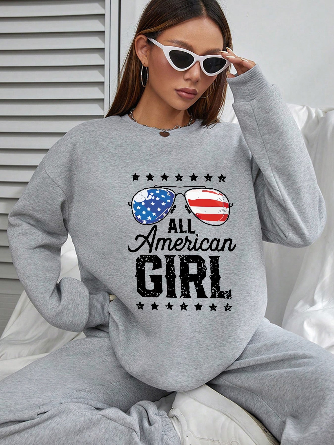 Women All American Girl and American Flag Sunglasses Print Casual Sweatshirt