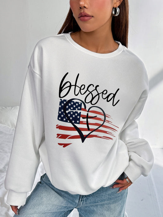 Women USA Flag Blessed Printed Long Sleeve Pullover