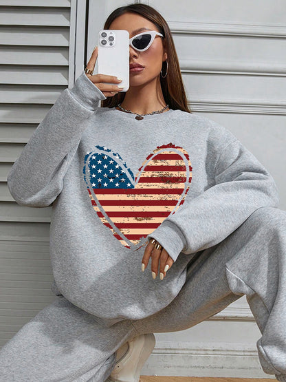 Women USA Flag Heart Printed Casual Sweatshirt