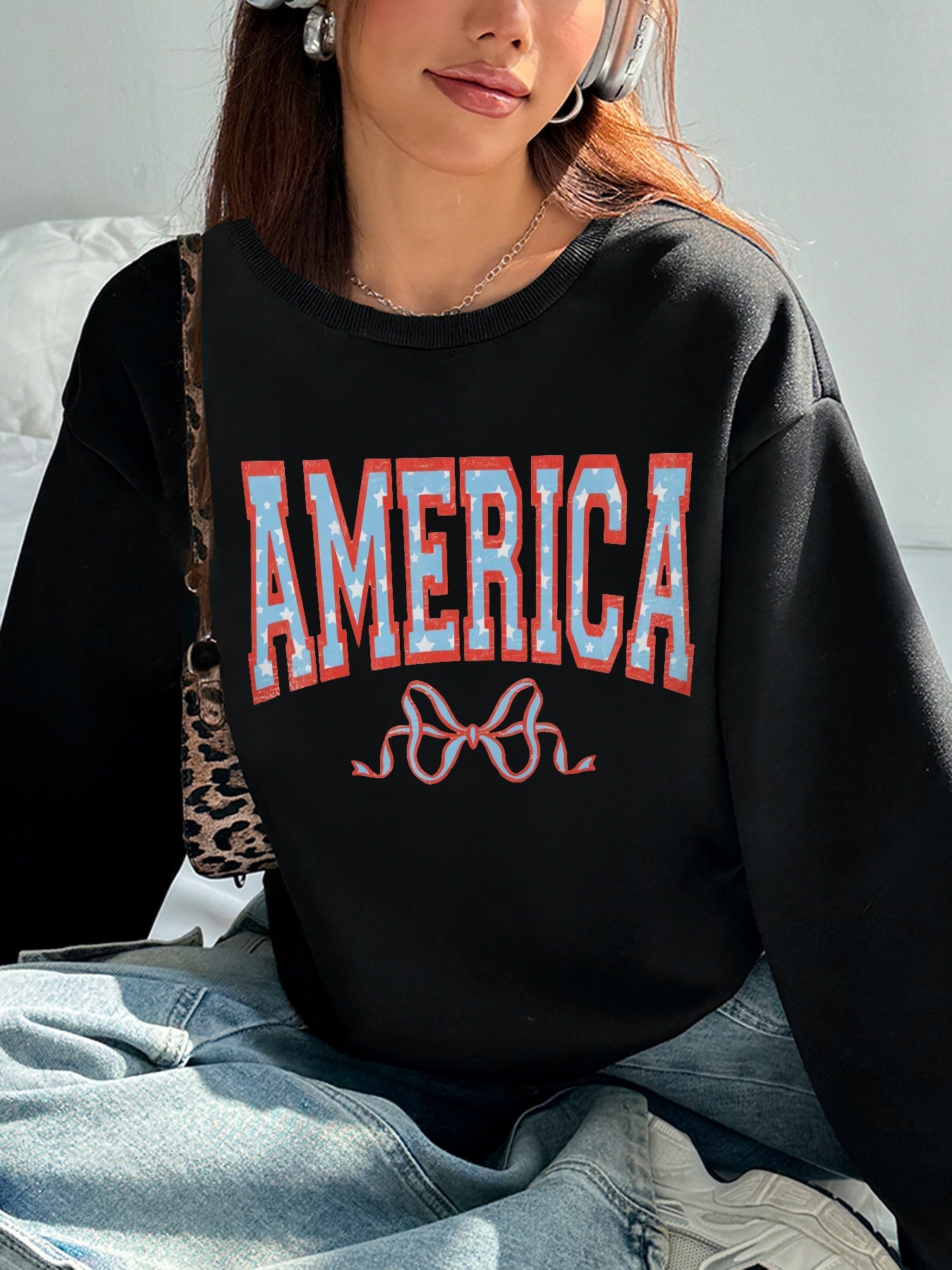 Women America Letter Printed Casual Temperament Sweatshirt