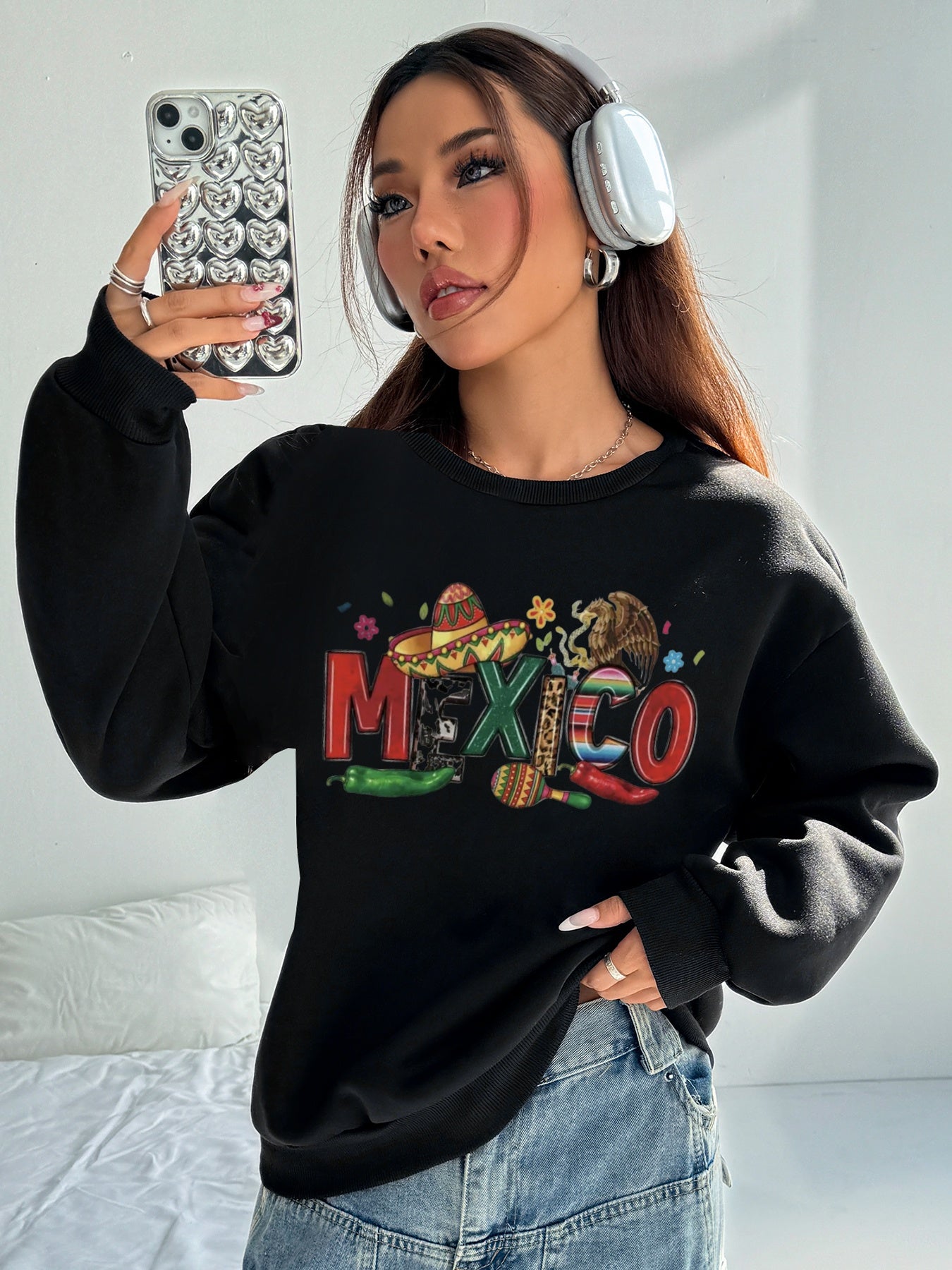 Women Mexico Colorful Contrasting Color Personalized Letter Print Sweatshirt