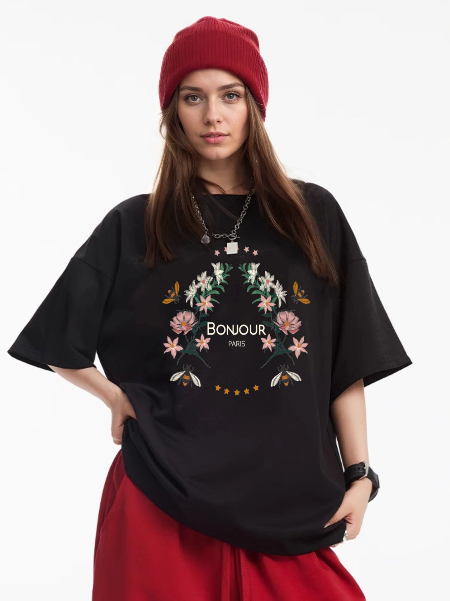 Women BOUJOUR and Flower Print Casual T-Shirt