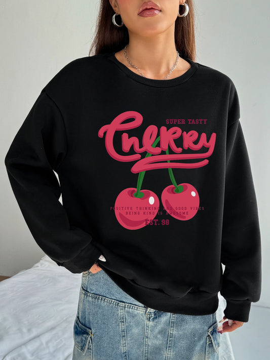 Women Pink Cherry Print Casual Sweatshirt