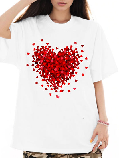 Women Red Heart Printed Casual Short Sleeve T-Shirt