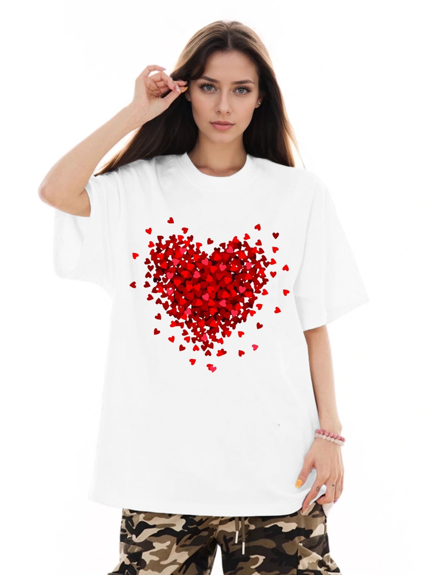 Women Red Heart Printed Casual Short Sleeve T-Shirt