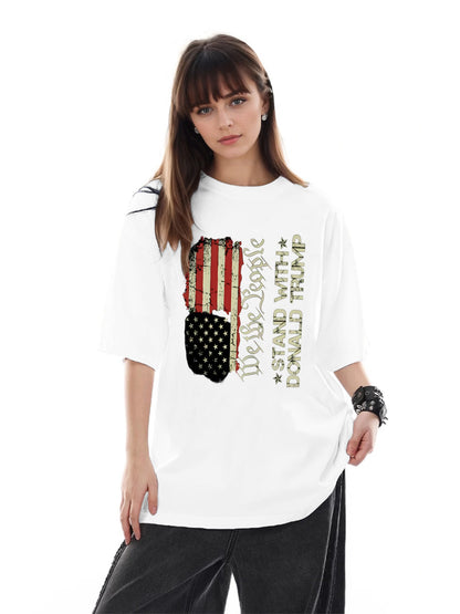 Women Stand With Trump and American Flag Print Casual T-Shirt