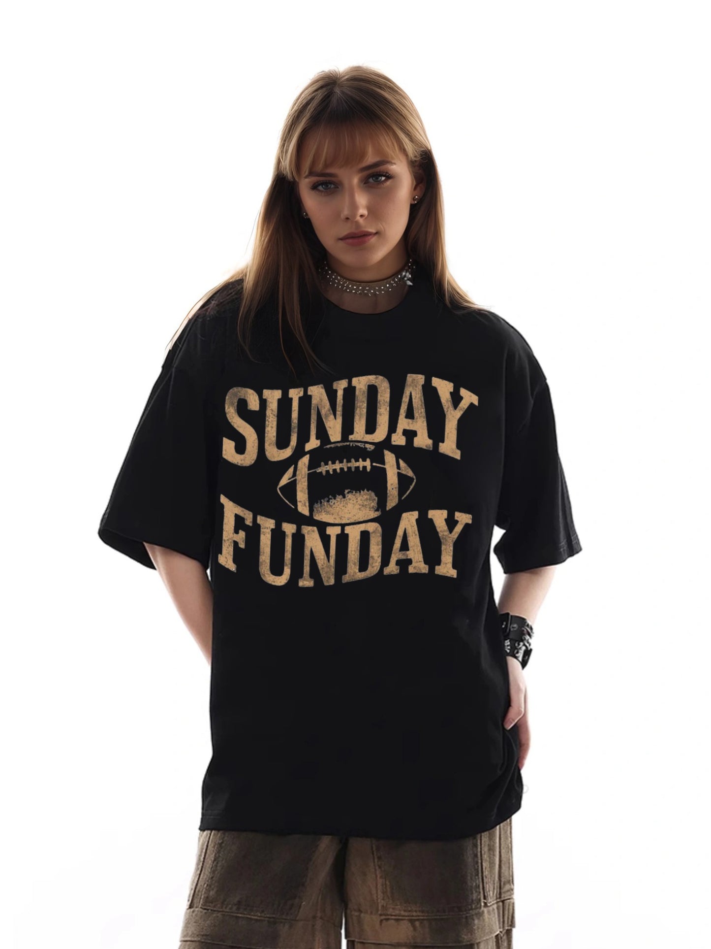 Women SUNDAY FUNDAY Rugby Print Casual T-Shirt