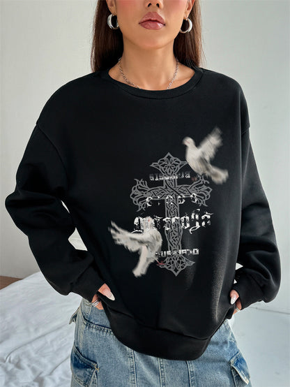 Women White Dove Cross Printed Crew Neck Pullover