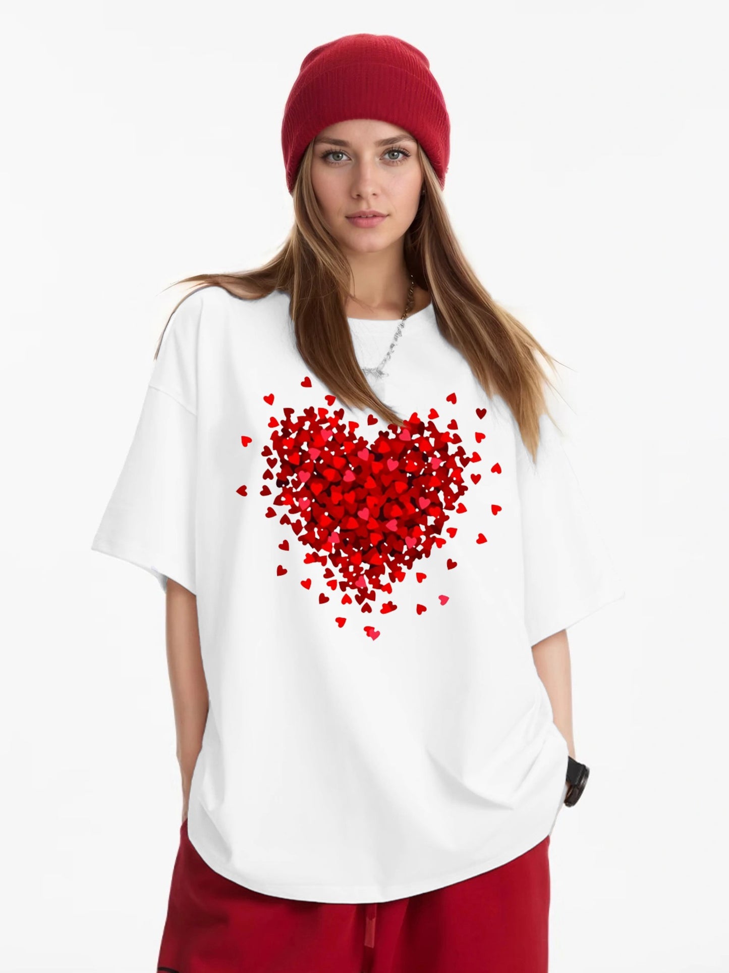 Women Red Heart Printed Casual Short Sleeve T-Shirt