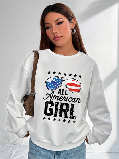 Women All American Girl and American Flag Sunglasses Print Casual Sweatshirt