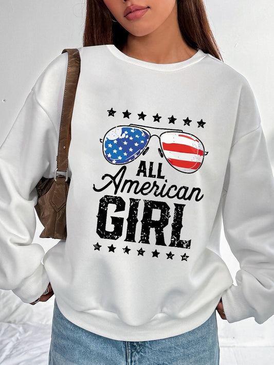 Women All American Girl and American Flag Sunglasses Print Casual Sweatshirt