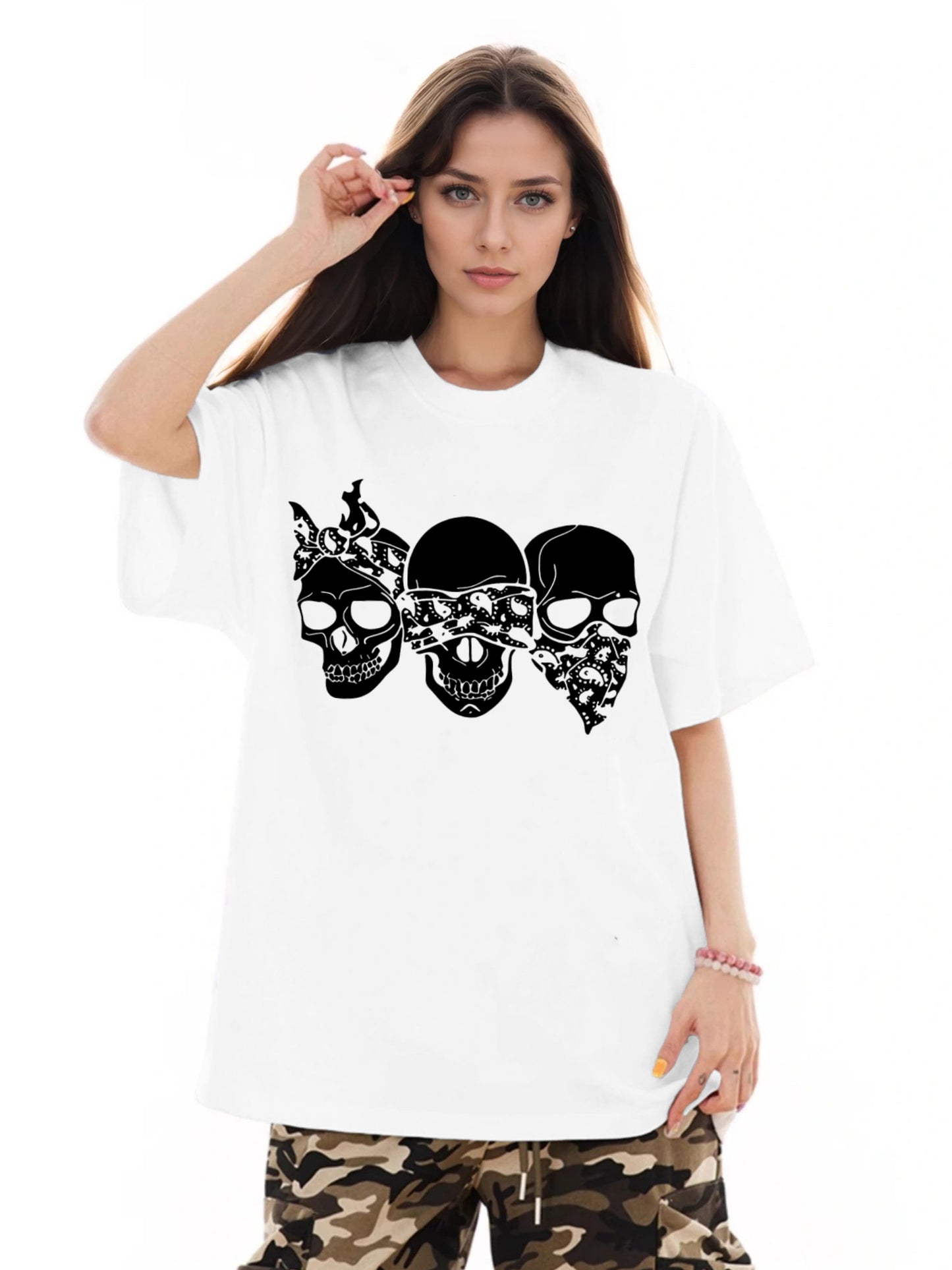 Women Three Skulls Printed Casual Short-Sleeved T-Shirt