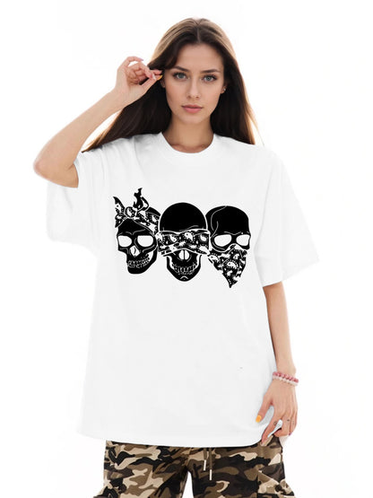 Women Three Skulls Printed Casual Short-Sleeved T-Shirt