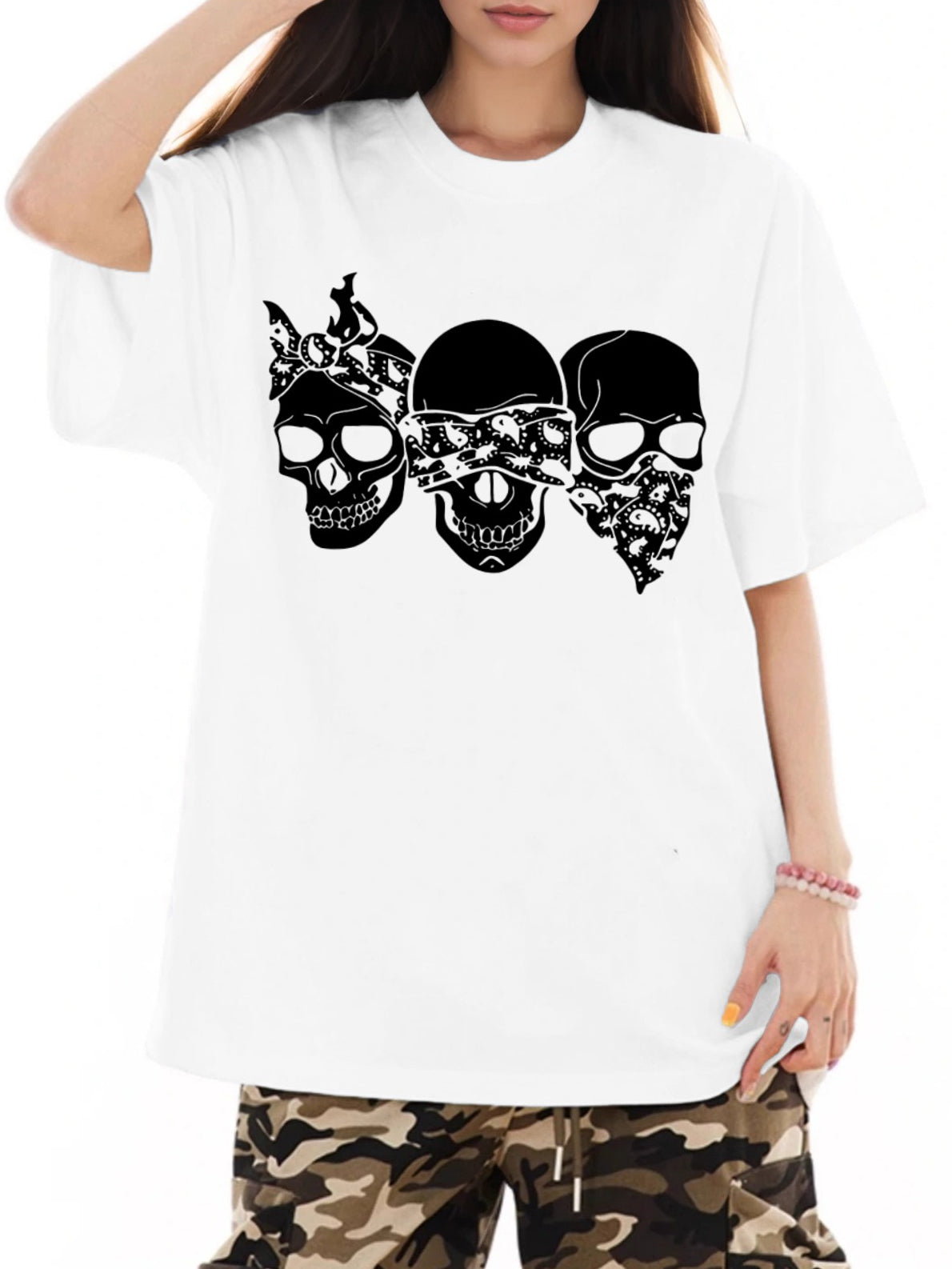 Women Three Skulls Printed Casual Short-Sleeved T-Shirt