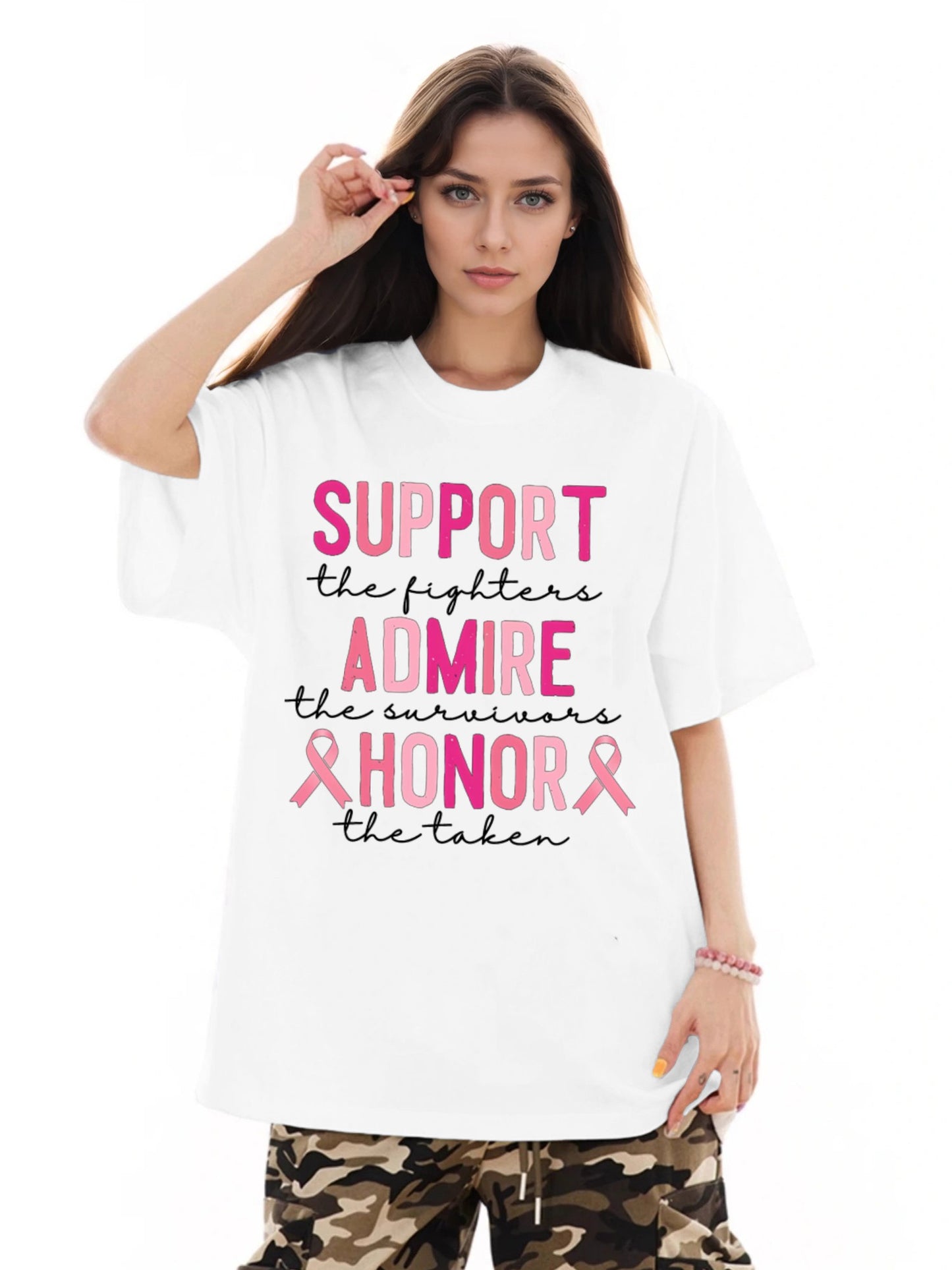 Women SUPPORT ADMIRE HONOR Letter Printed Short Sleeve T-Shirts