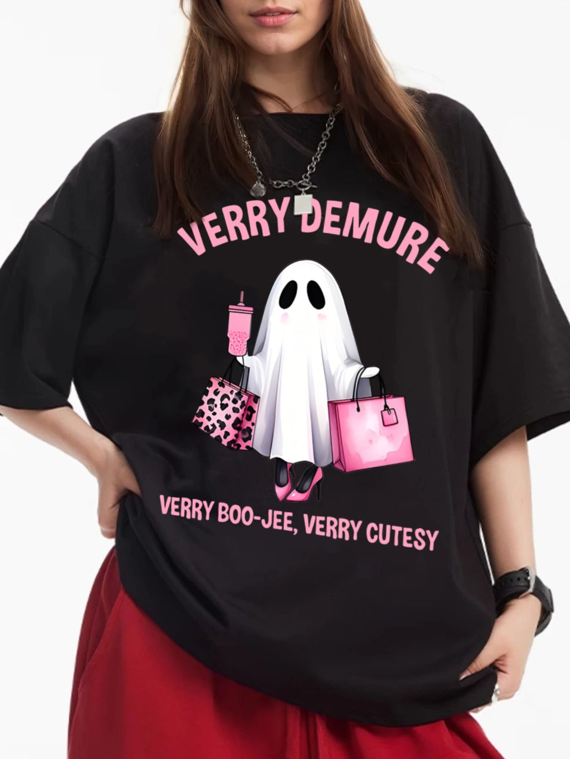 Women Shopping Ghost Cartoon Print Casual Short-Sleeved T-Shirt