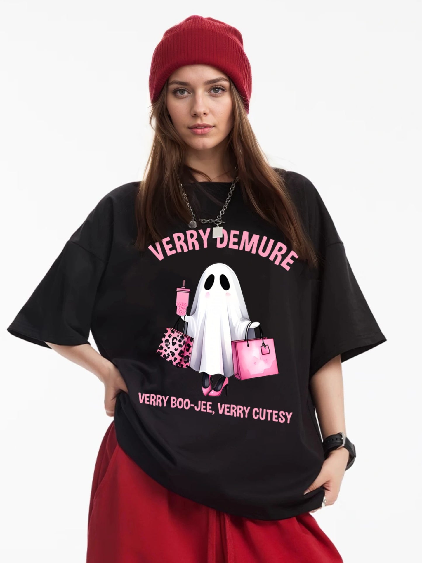 Women Shopping Ghost Cartoon Print Casual Short-Sleeved T-Shirt