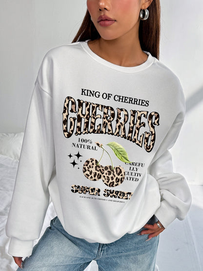 Women Cherries Printed Casual Crew Neck Long Sleeve Pullover