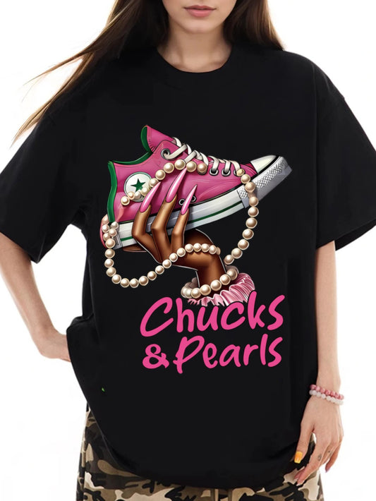 Women Chucks and Pearls Print Casual Short Sleeve T-Shirt