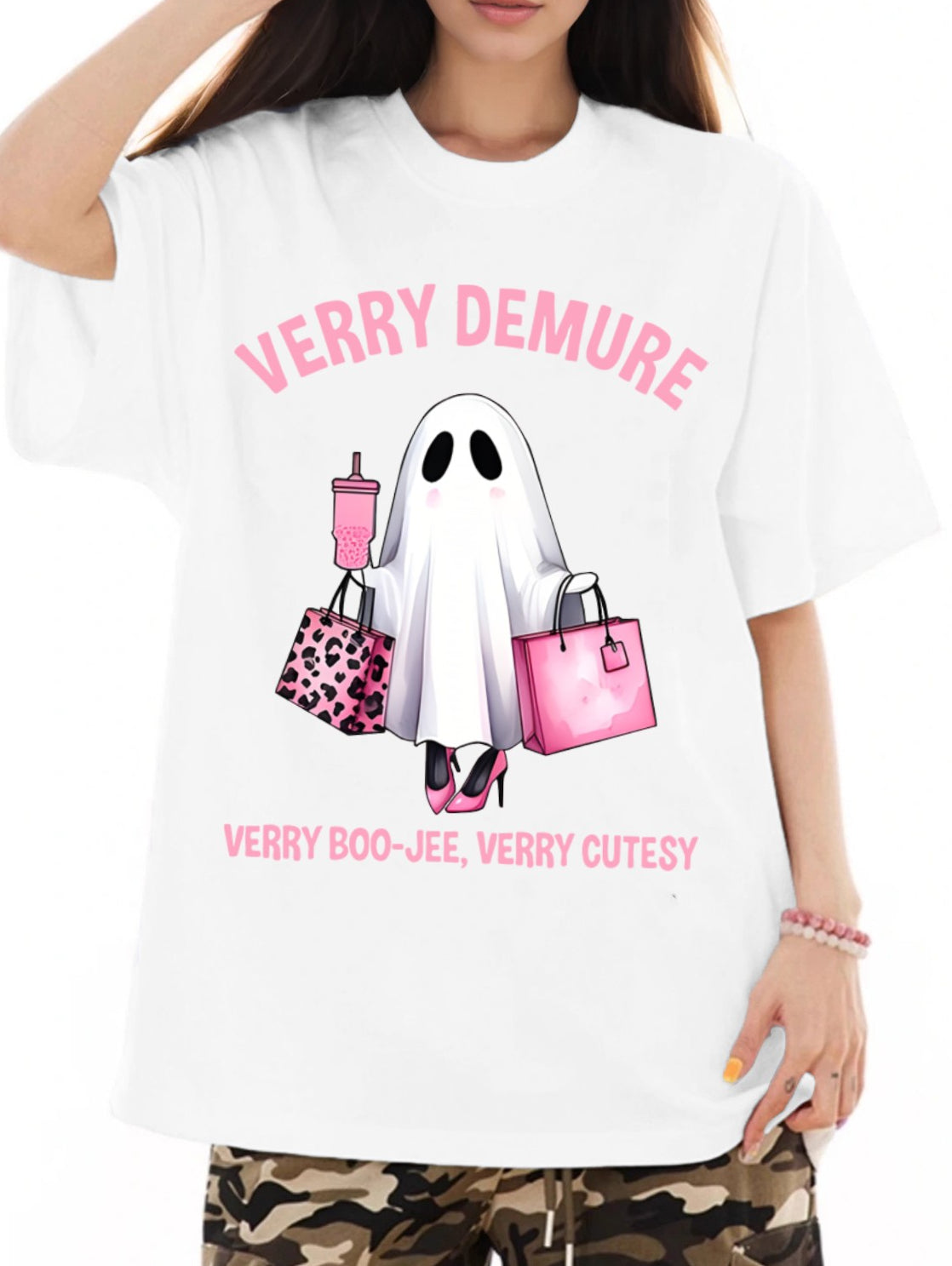 Women Shopping Ghost Cartoon Print Casual Short-Sleeved T-Shirt