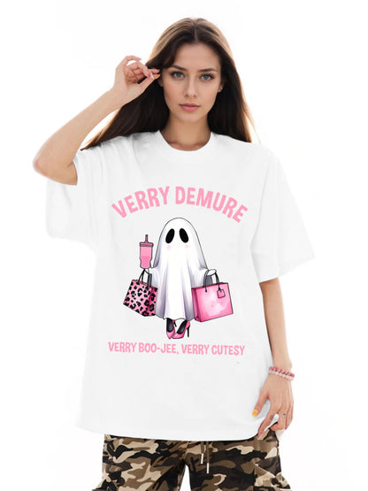 Women Shopping Ghost Cartoon Print Casual Short-Sleeved T-Shirt