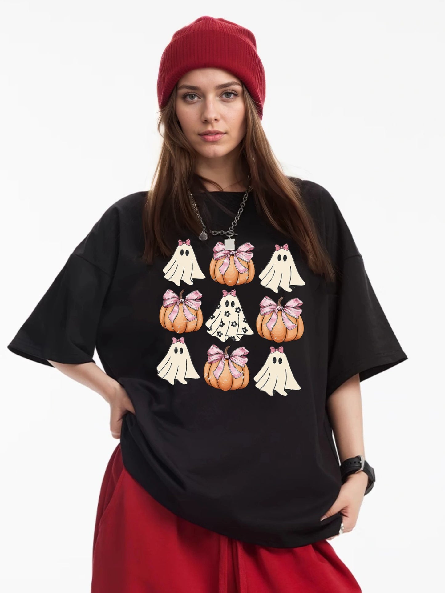 Women Cute Ghost and Pumpkin Print Casual T-Shirt