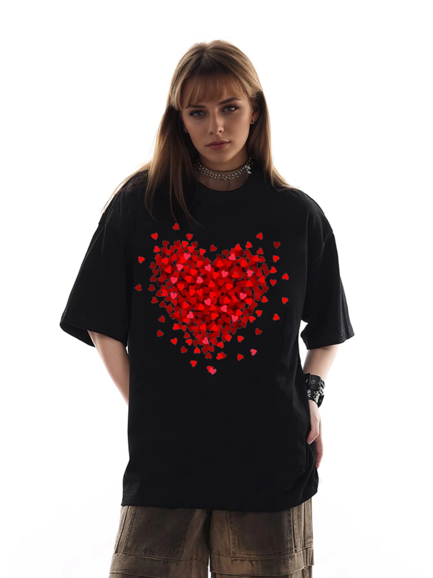 Women Red Heart Printed Casual Short Sleeve T-Shirt