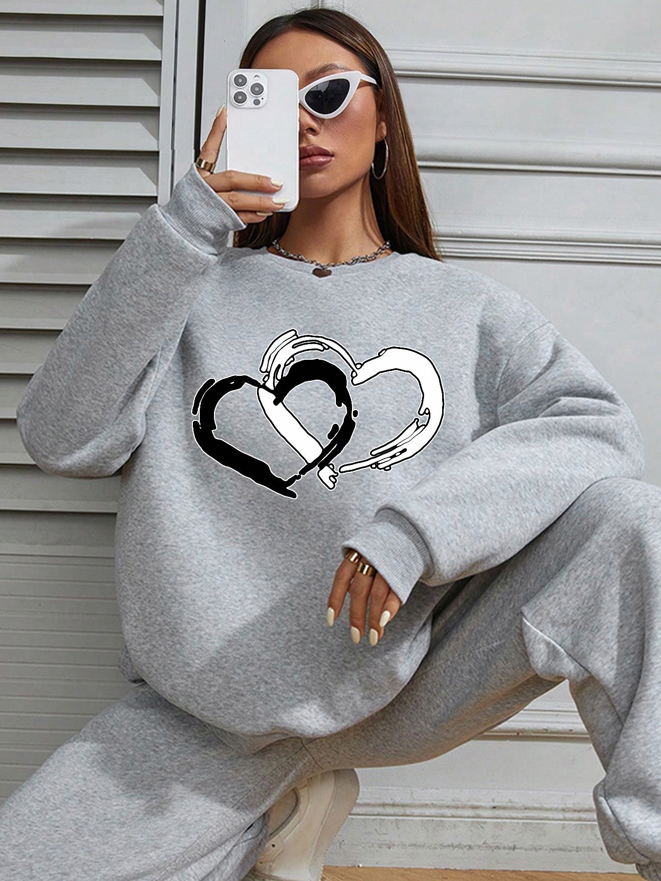 Women Heart Printed Long Sleeve Casual Pullover