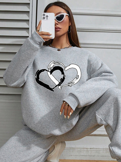 Women Heart Printed Long Sleeve Casual Pullover