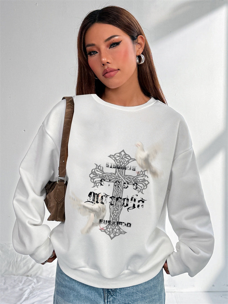 Women White Dove Cross Printed Crew Neck Pullover