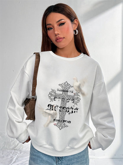 Women White Dove Cross Printed Crew Neck Pullover