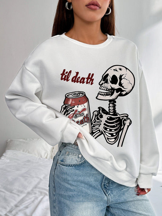 Women Skull Beer Print Casual Sweatshirt