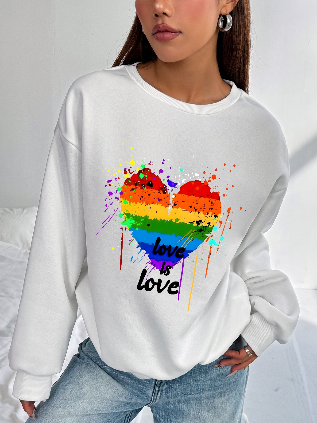 Women Rainbow Heart Print Long Sleeve Sweatshirt