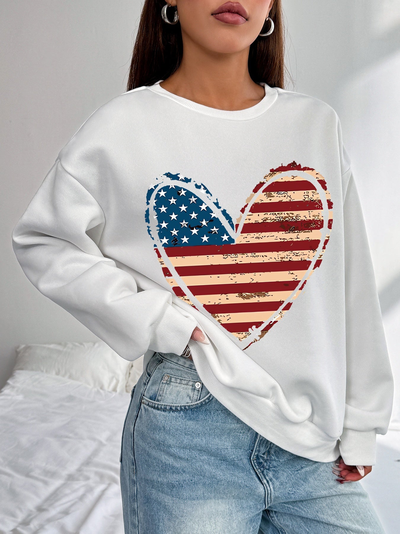 Women USA Flag Heart Printed Casual Sweatshirt