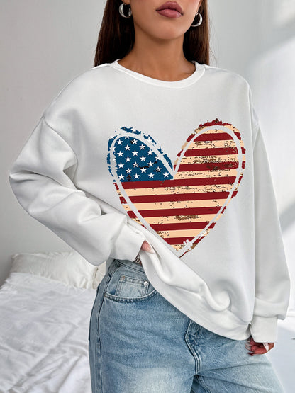 Women USA Flag Heart Printed Casual Sweatshirt