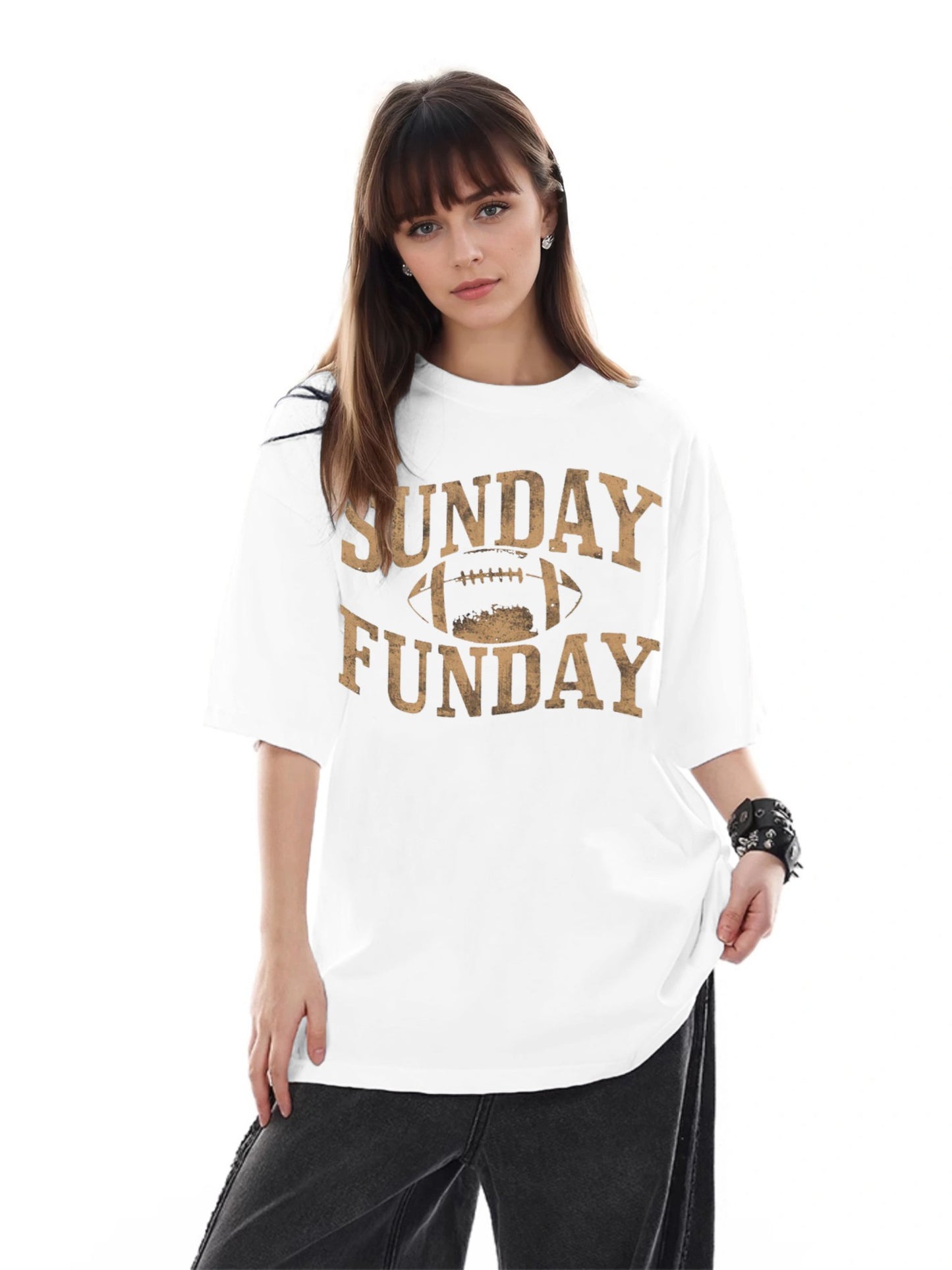 Women SUNDAY FUNDAY Rugby Print Casual T-Shirt