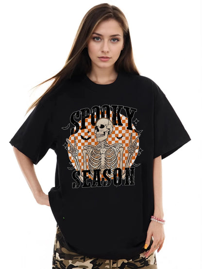 Women SPOOKY SEASON Skull Print Casual Short-Sleeved T-Shirt