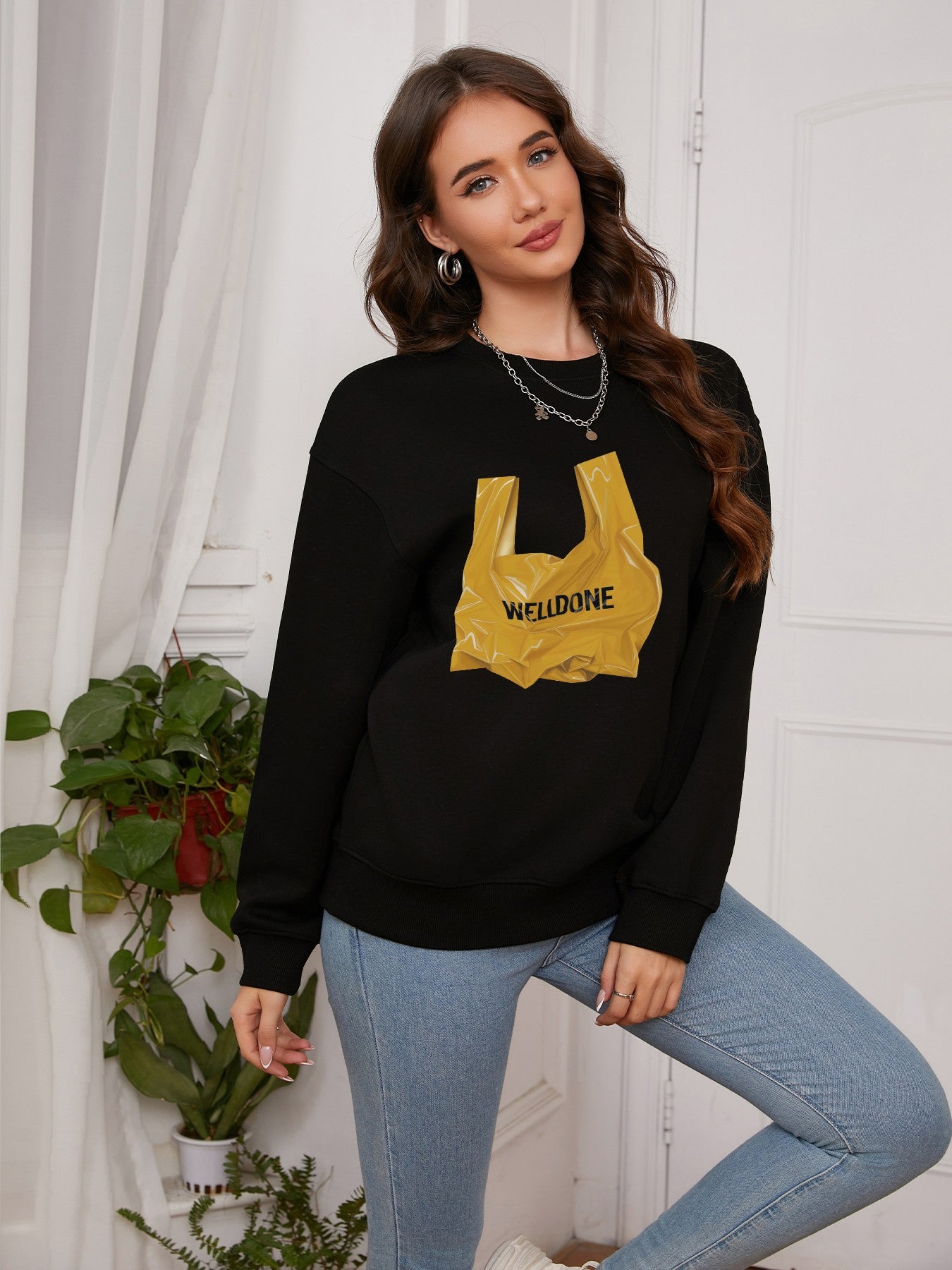 Women Yellow Garbage Bag & Welldone Print Casual Sweatshirt