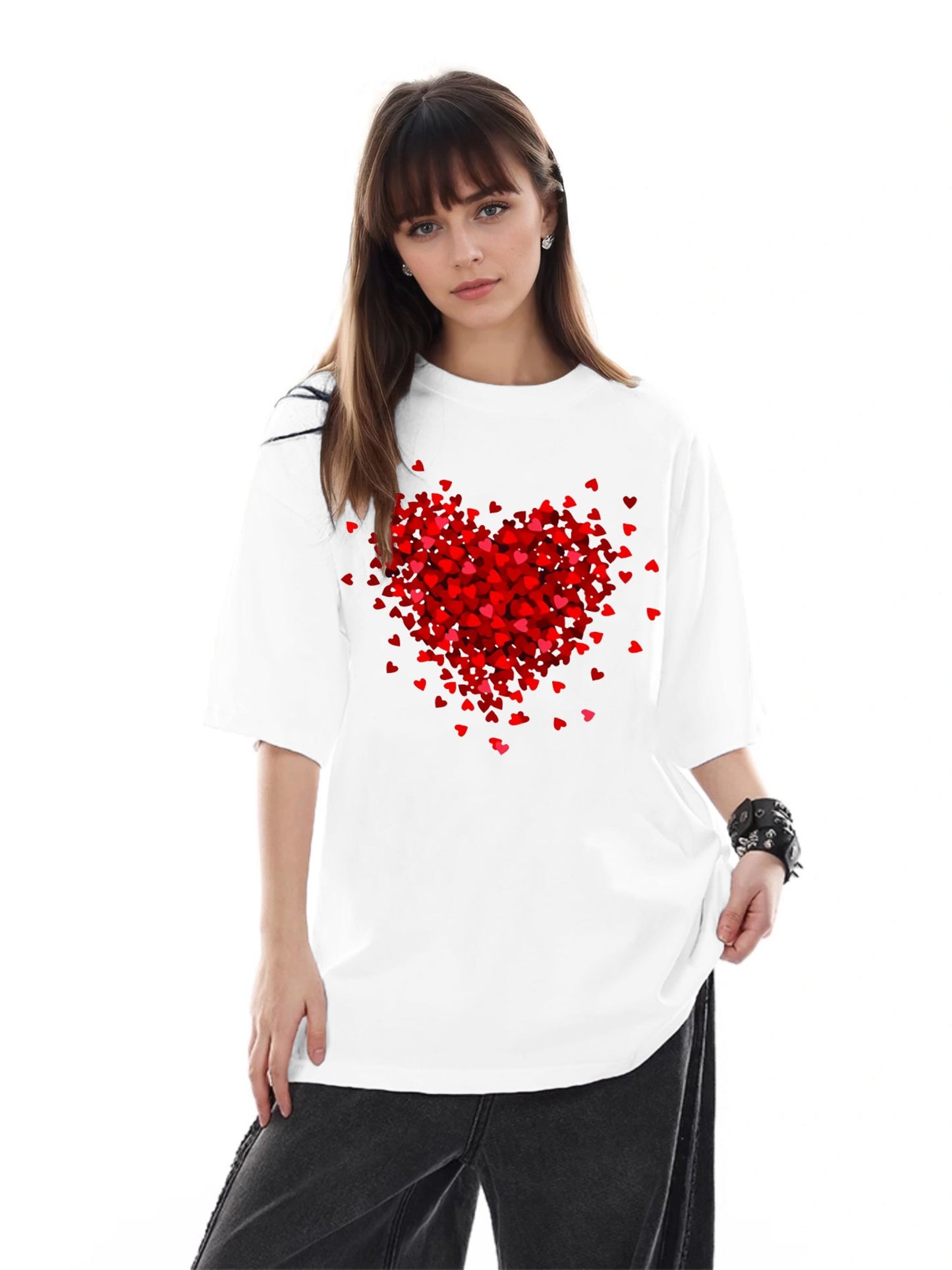 Women Red Heart Printed Casual Short Sleeve T-Shirt