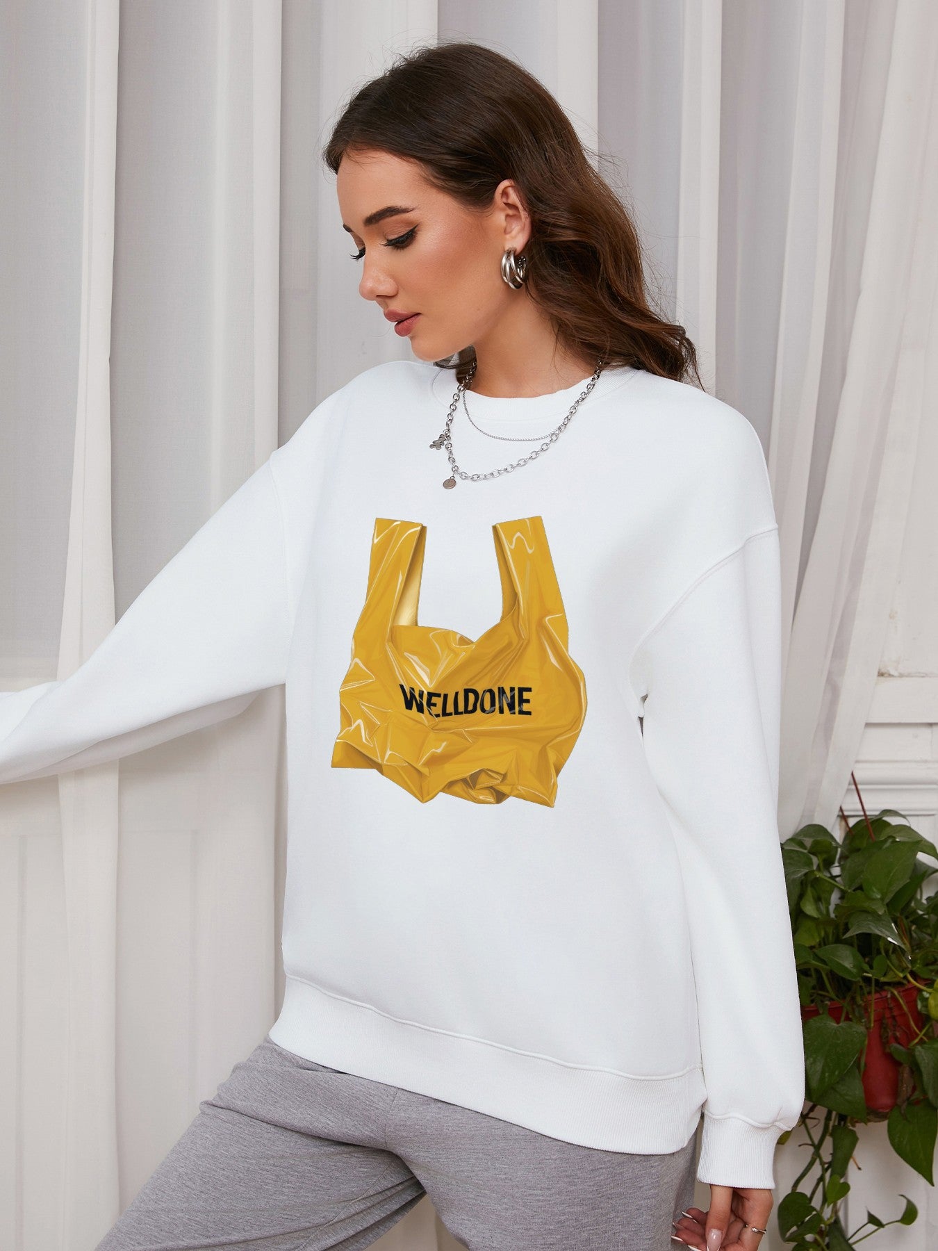 Women Yellow Garbage Bag & Welldone Print Casual Sweatshirt