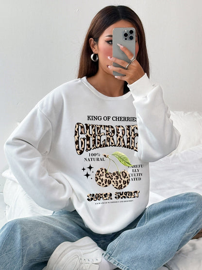 Women Cherries Printed Casual Crew Neck Long Sleeve Pullover