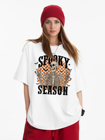 Women SPOOKY SEASON Skull Print Casual Short-Sleeved T-Shirt