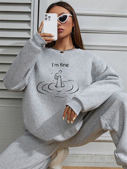 Women I'm Fine Printed Long Sleeve Crew Neck Casual Pullover