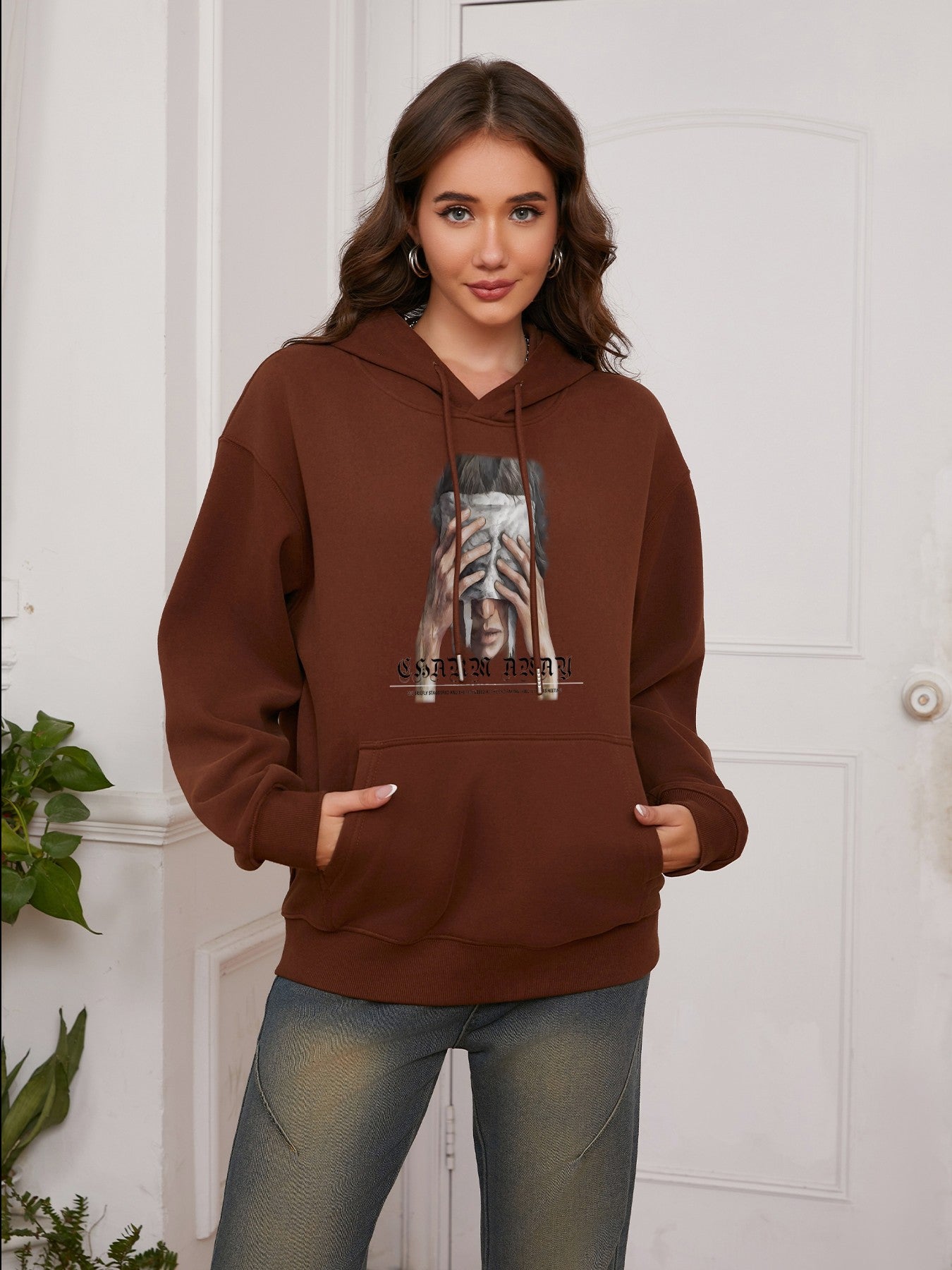 Women Face-Covering Portrait Print Casual Hooded Sweatshirt Hoodie