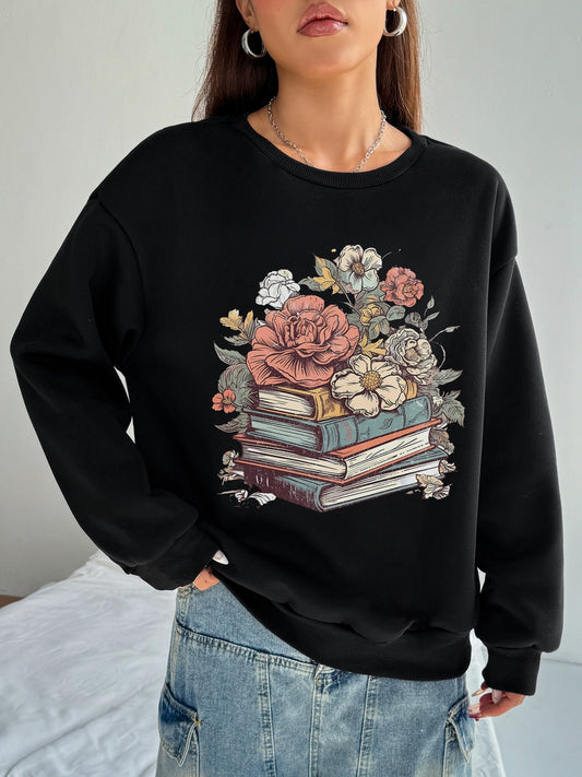 Women Book and Flower Print Casual Sweatshirt