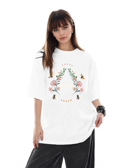 Women BOUJOUR and Flower Print Casual T-Shirt