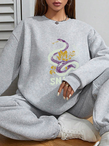 Women Snake Printed Long Sleeve Pullover Crew Neck Pullover