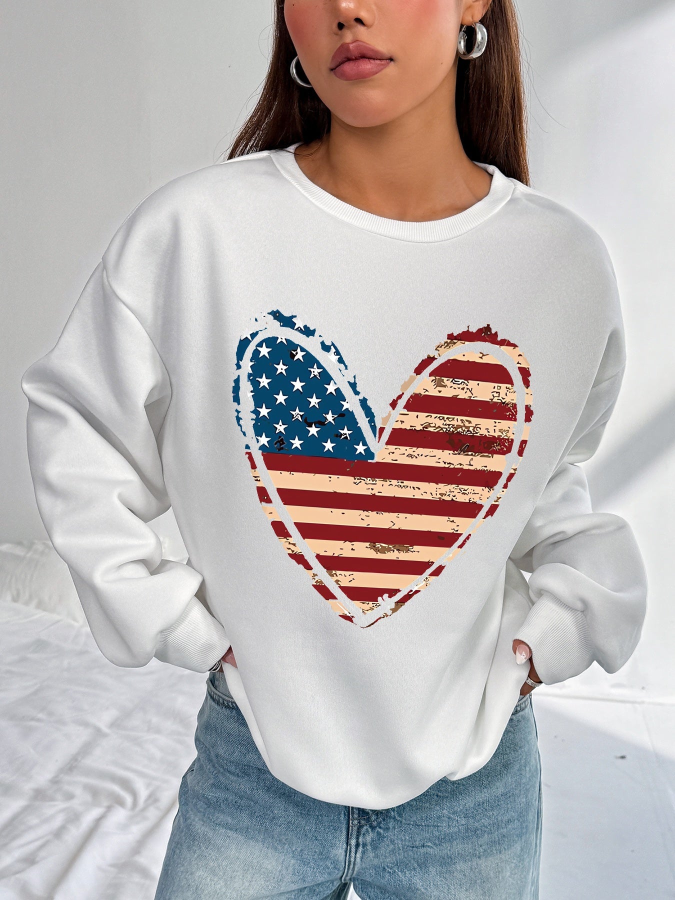 Women USA Flag Heart Printed Casual Sweatshirt